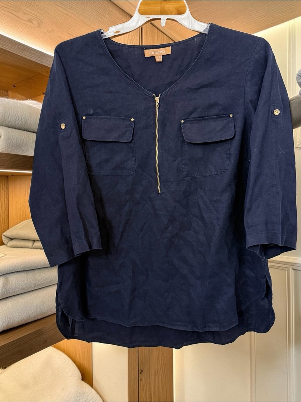 Ellen Tracy Linen Navy Front-Zip Utility Tunic with Chest Pockets